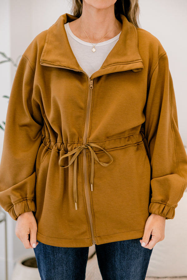 Chic Soul plus size clothing, light brown zip up jacket that cinches at the waist with a tie