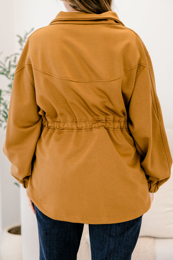Chic Soul plus size clothing, light brown zip up jacket that cinches at the waist with a tie