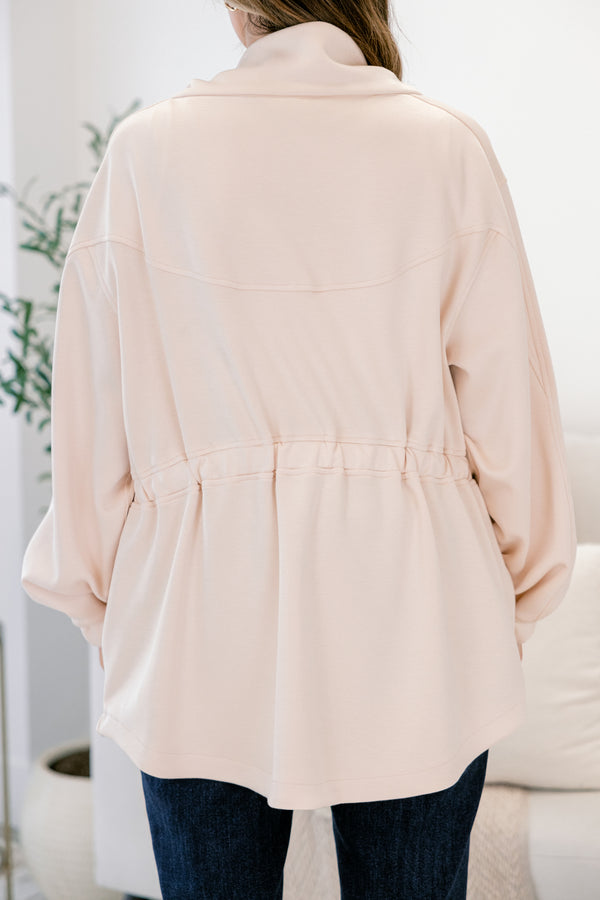 Chic Soul plus size clothing, ivory long sleeve jackets with a sinched waist and a zipper going down the middle 