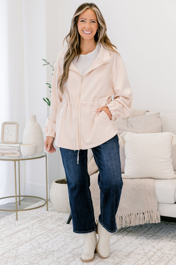 Chic Soul plus size clothing, ivory long sleeve jackets with a sinched waist and a zipper going down the middle 