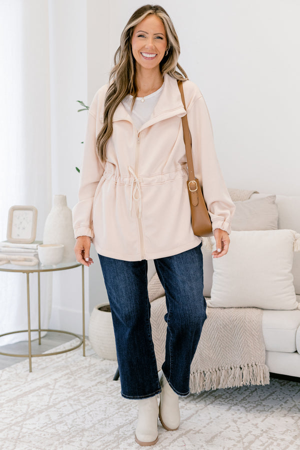 Chic Soul plus size clothing, ivory long sleeve jackets with a sinched waist and a zipper going down the middle 