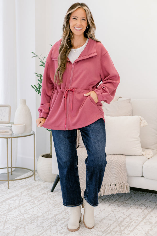 Chic Soul plus size clothing, red jacket with long sleeves and sinched waist that ties into a bow as well as a collar 