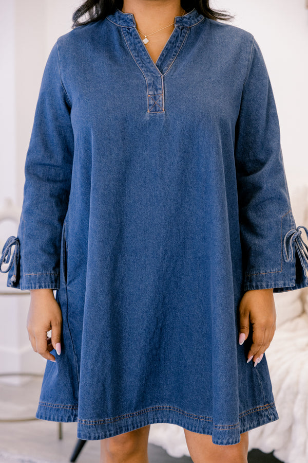 Chic Soul plus size clothing, denim long sleeve fit and flare v neck dress with bow tying at the end of the sleeves 