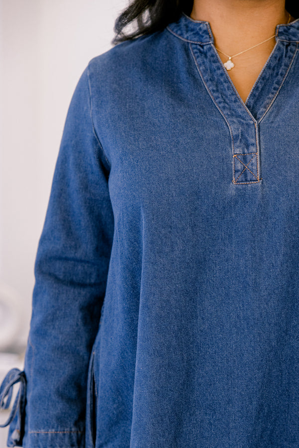 Chic Soul plus size clothing, denim long sleeve fit and flare v neck dress with bow tying at the end of the sleeves 