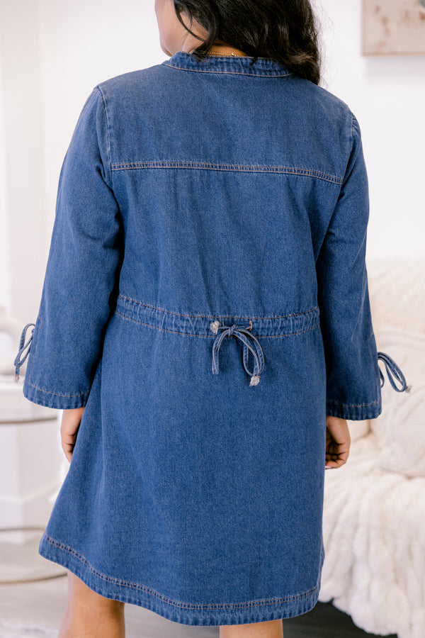 Chic Soul plus size clothing, denim long sleeve fit and flare v neck dress with bow tying at the end of the sleeves 