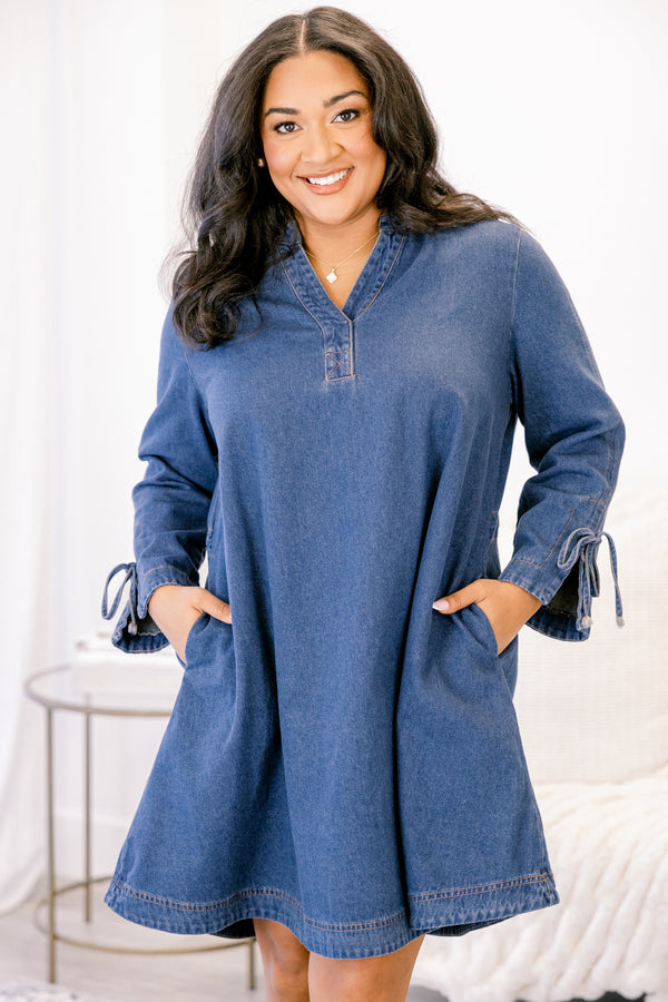 Chic Soul plus size clothing, denim long sleeve fit and flare v neck dress with bow tying at the end of the sleeves 