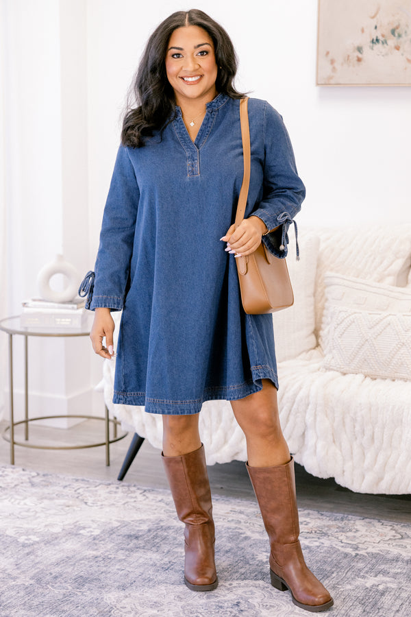 Chic Soul plus size clothing, denim long sleeve fit and flare v neck dress with bow tying at the end of the sleeves 