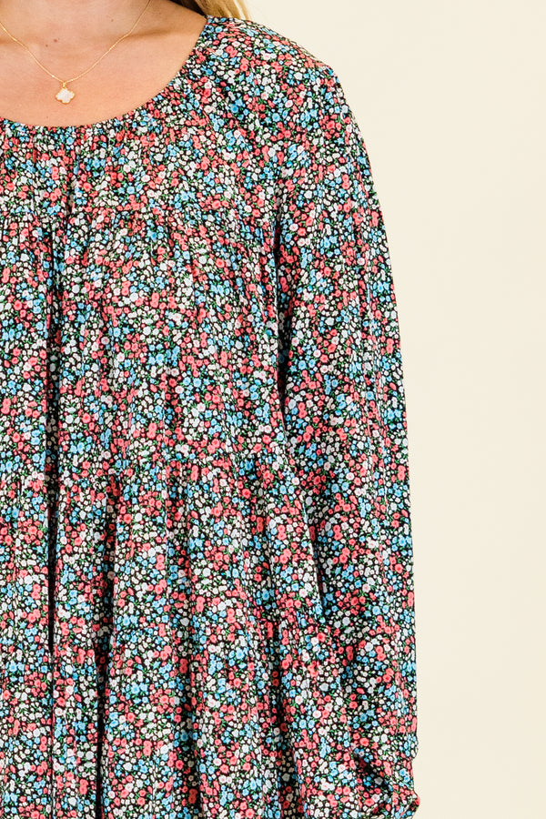 Chic Soul plus size clothing, black long sleeve mini dress with round scoop neckline with multicolor floral small design with cuffed bubble sleeves