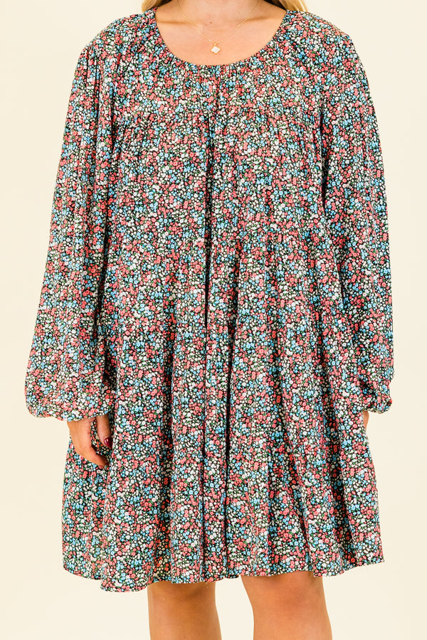 Chic Soul plus size clothing, black long sleeve mini dress with round scoop neckline with multicolor floral small design with cuffed bubble sleeves