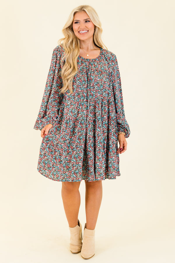 Chic Soul plus size clothing, black long sleeve mini dress with round scoop neckline with multicolor floral small design with cuffed bubble sleeves