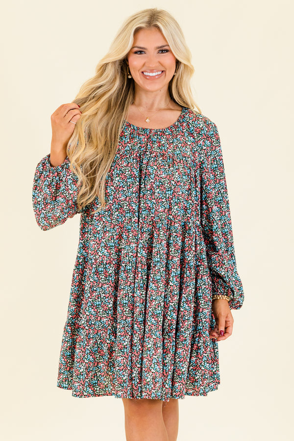 Chic Soul plus size clothing, black long sleeve mini dress with round scoop neckline with multicolor floral small design with cuffed bubble sleeves