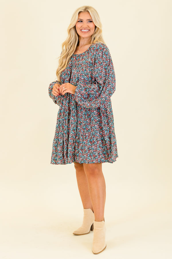 Chic Soul plus size clothing, black long sleeve mini dress with round scoop neckline with multicolor floral small design with cuffed bubble sleeves