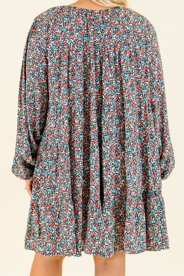 Chic Soul plus size clothing, black long sleeve mini dress with round scoop neckline with multicolor floral small design with cuffed bubble sleeves