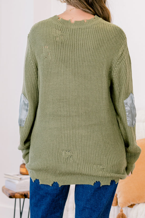 Chic Soul plus size clothing, olive green distressed sweater with light blue elbow patches and front pocket