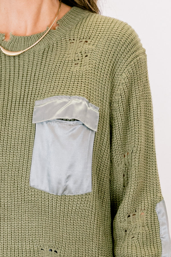 Chic Soul plus size clothing, olive green distressed sweater with light blue elbow patches and front pocket