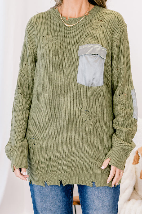 Chic Soul plus size clothing, olive green distressed sweater with light blue elbow patches and front pocket
