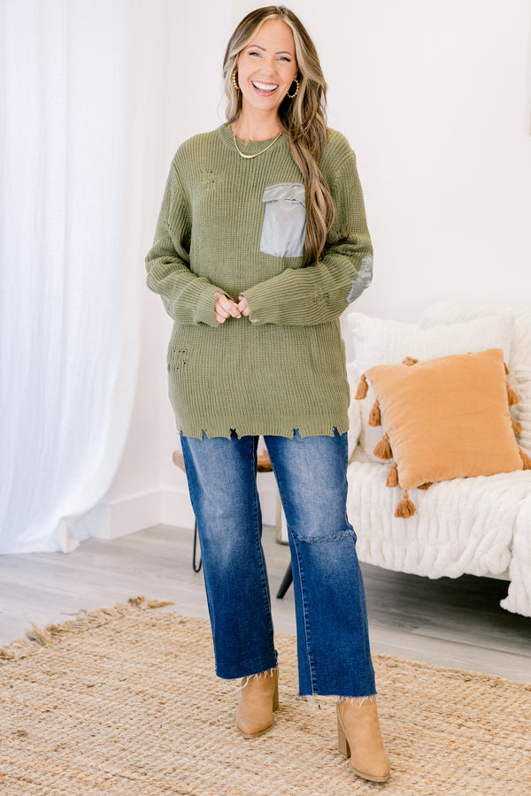 Chic Soul plus size clothing, olive green distressed sweater with light blue elbow patches and front pocket