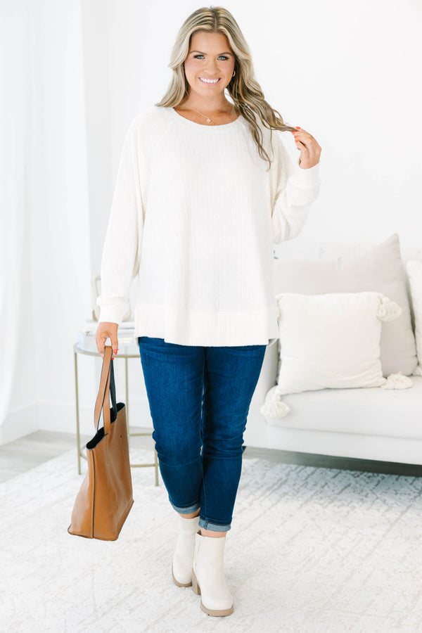 Chic Soul plus size clothing, ivory long sleeve ribbed top with round neckline and cuffed sleeves