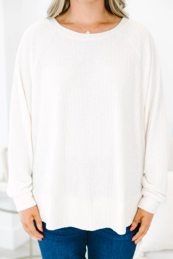 Chic Soul plus size clothing, ivory long sleeve ribbed top with round neckline and cuffed sleeves