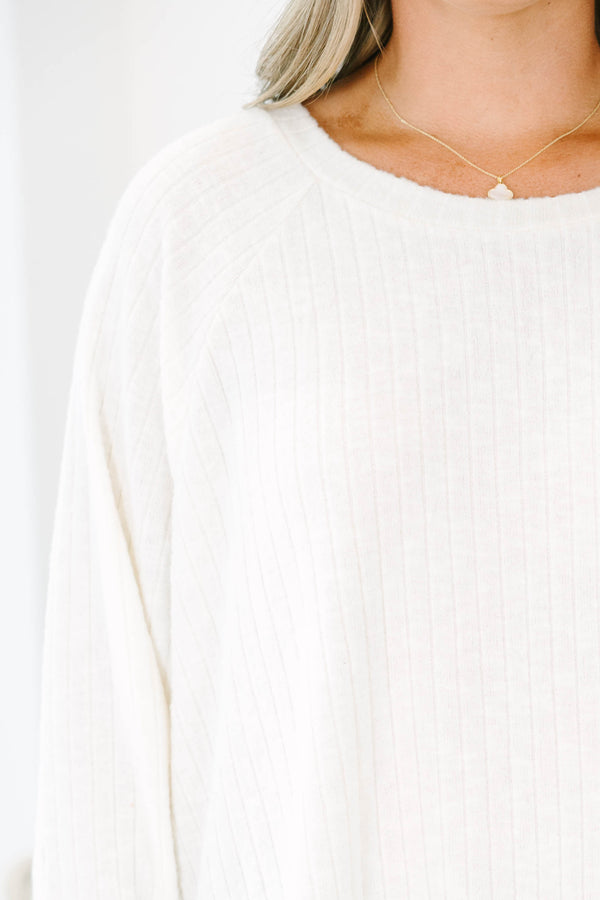 Chic Soul plus size clothing, ivory long sleeve ribbed top with round neckline and cuffed sleeves