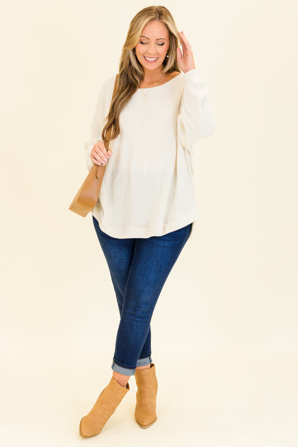 Chic Soul plus size clothing, ivory long sleeve ribbed top with round neckline and cuffed sleeves