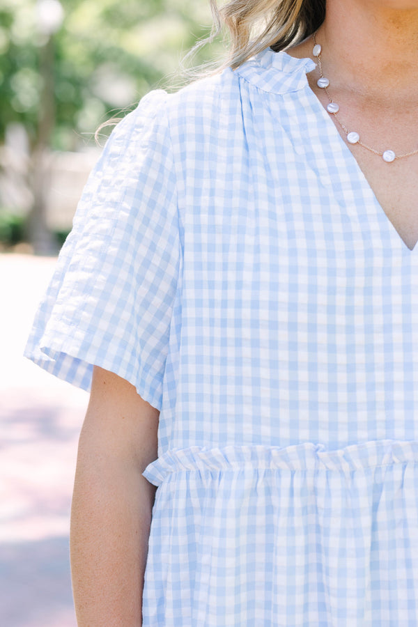 Plus Size baby blue gingham maxi dress with a V-neckline, short flutter sleeves, and tiered skirt.