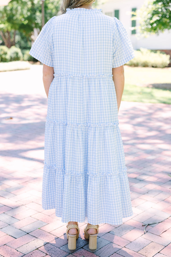 Plus Size baby blue gingham maxi dress with a V-neckline, short flutter sleeves, and tiered skirt.