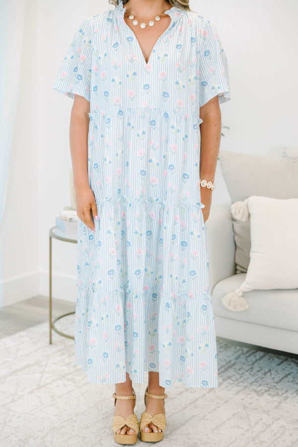 Plus Size baby blue striped tiered dress with a split v-neck and floral pattern.