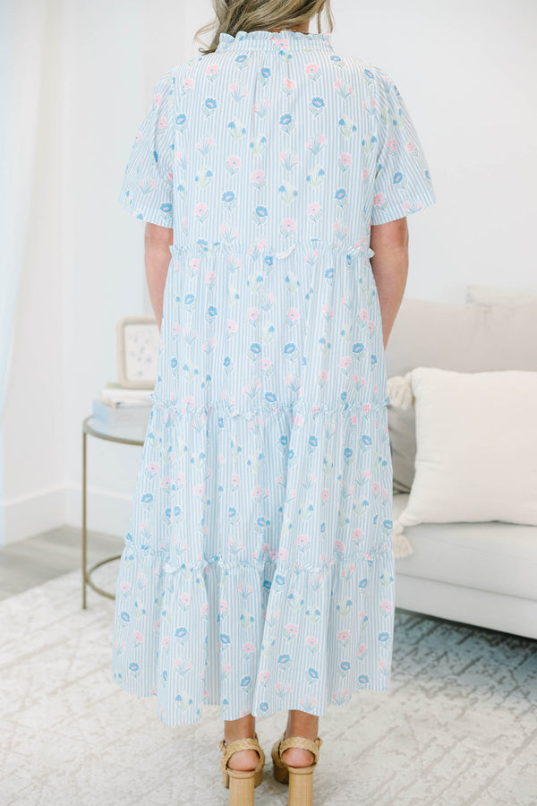 Plus Size baby blue striped tiered dress with a split v-neck and floral pattern.