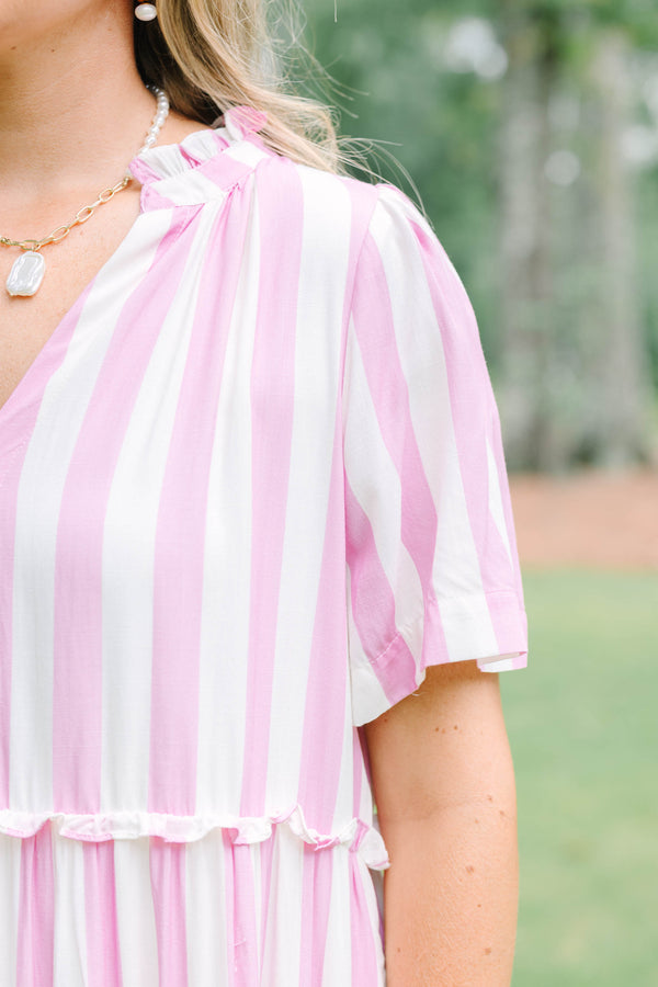 Plus Size bubblegum pink and white vertical striped tiered maxi dress with short sleeves.