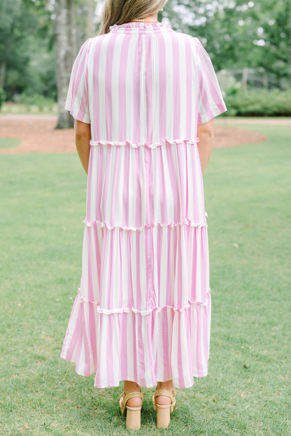 Plus Size bubblegum pink and white vertical striped tiered maxi dress with short sleeves.