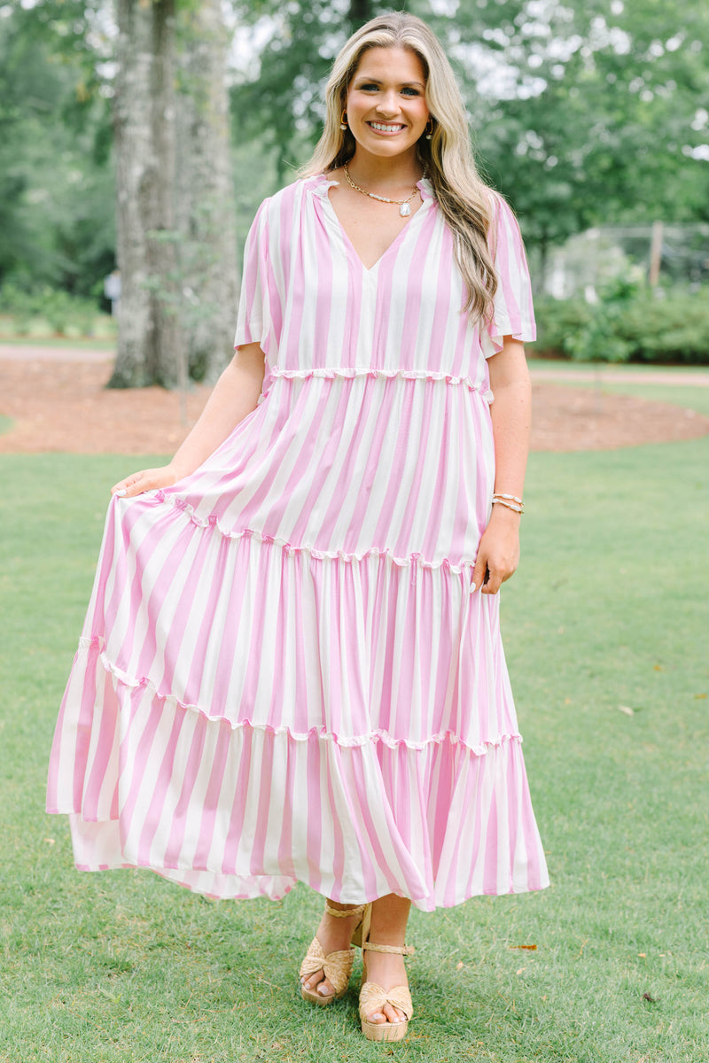 pink and white vertical striped dress Early Dawn Striped Midi Dress - Pink and White, Large | Hazel and Olive