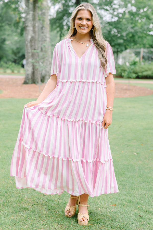 Plus Size bubblegum pink and white vertical striped tiered maxi dress with short sleeves.