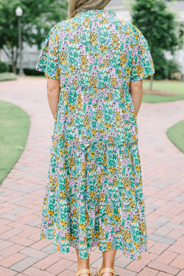Plus Size cream floral tiered maxi dress with short flutter sleeves and a V-neckline.