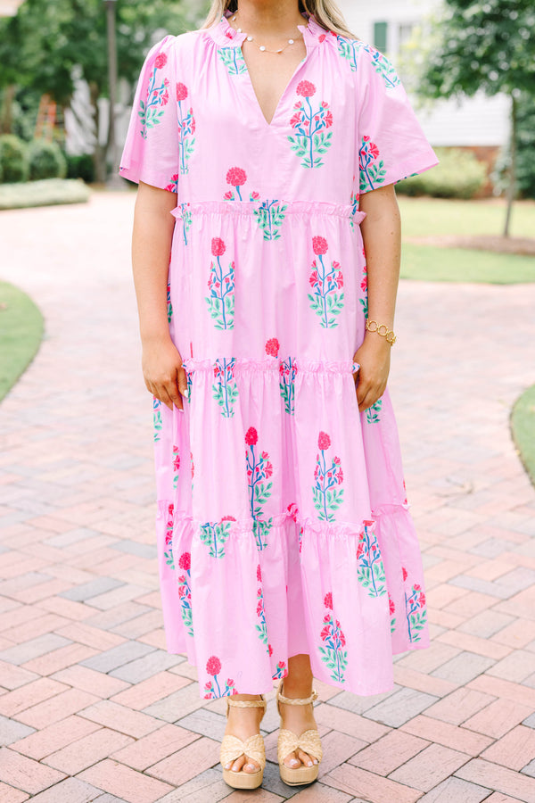 Plus Size fuchsia floral tiered midi dress with a V-neckline and short flutter sleeves.