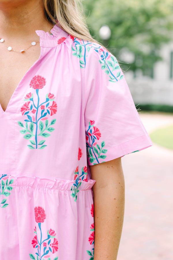 Plus Size fuchsia floral tiered midi dress with a V-neckline and short flutter sleeves.