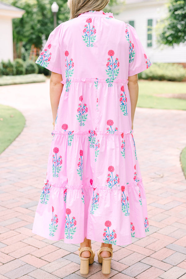 Plus Size fuchsia floral tiered midi dress with a V-neckline and short flutter sleeves.