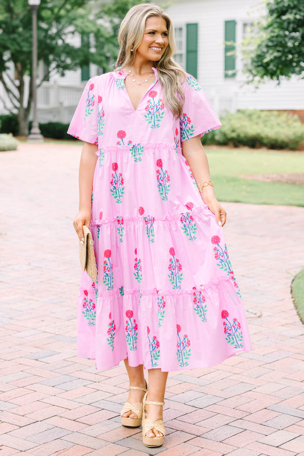 Plus Size fuchsia floral tiered midi dress with a V-neckline and short flutter sleeves.