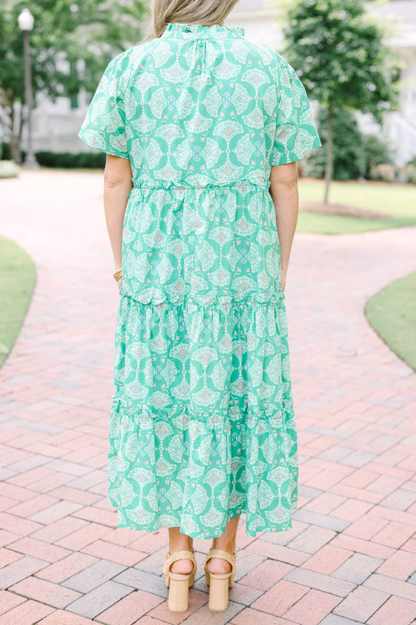 Plus Size Kelly Green tiered midi dress with a white floral pattern, V-neckline, and short sleeves.