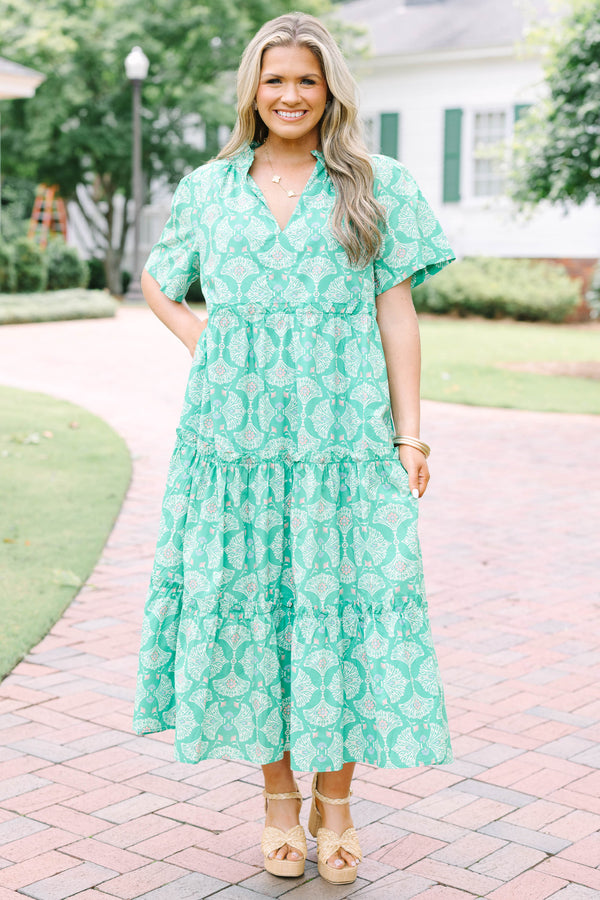 Plus Size Kelly Green tiered midi dress with a white floral pattern, V-neckline, and short sleeves.