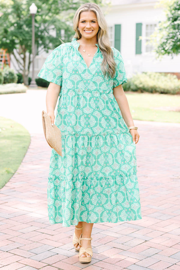 Plus Size Kelly Green tiered midi dress with a white floral pattern, V-neckline, and short sleeves.