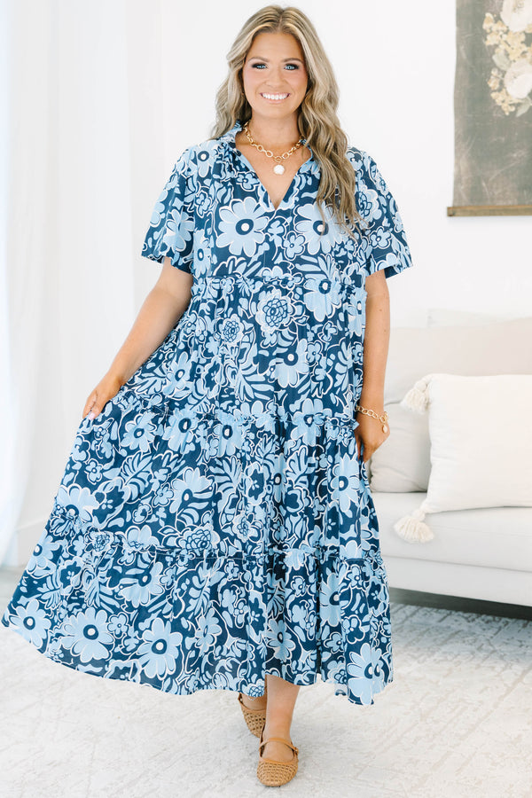 Plus size Oxford Blue Floral Straight Shot Dress with a flowy tiered skirt and ruffle sleeves.