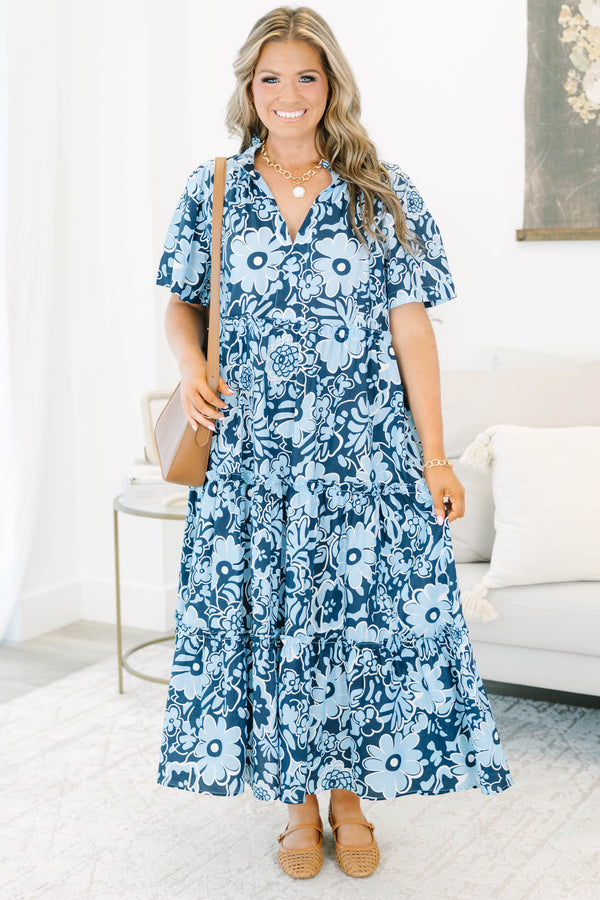 Plus size Oxford Blue Floral Straight Shot Dress with a flowy tiered skirt and ruffle sleeves.