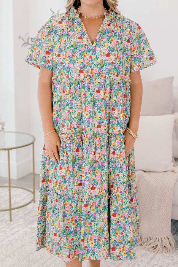 Chic Soul plus size clothing, multi colored floral print short sleeve tiered maxi dress with v-neckline 