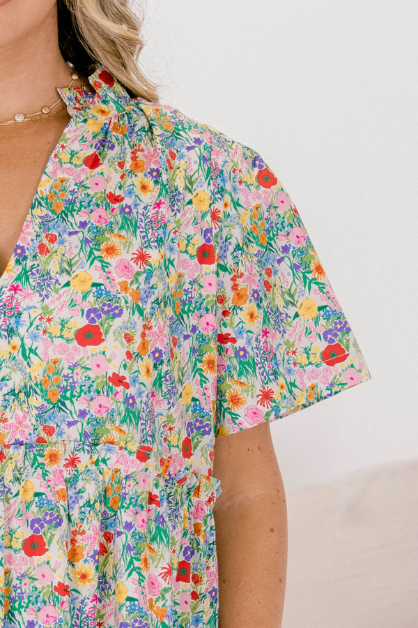 Chic Soul plus size clothing, multi colored floral print short sleeve tiered maxi dress with v-neckline 