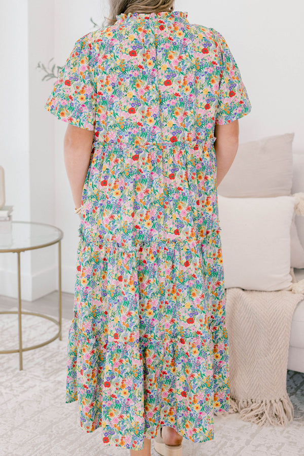 Chic Soul plus size clothing, multi colored floral print short sleeve tiered maxi dress with v-neckline 