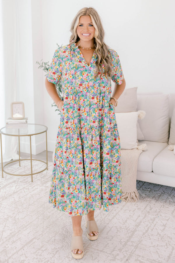 Chic Soul plus size clothing, multi colored floral print short sleeve tiered maxi dress with v-neckline 