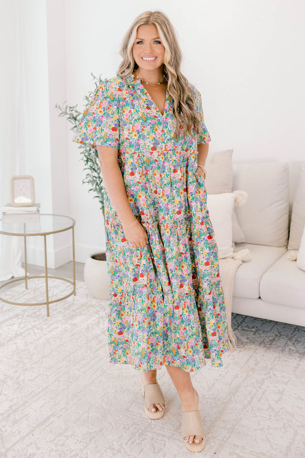 Chic Soul plus size clothing, multi colored floral print short sleeve tiered maxi dress with v-neckline 