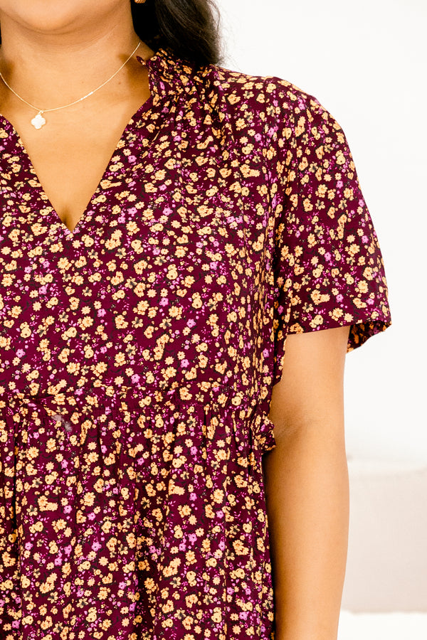 Chic Soul plus size clothing, plum purple and small floral pattern short sleeve midi dress with v-neckline and tiered skirt