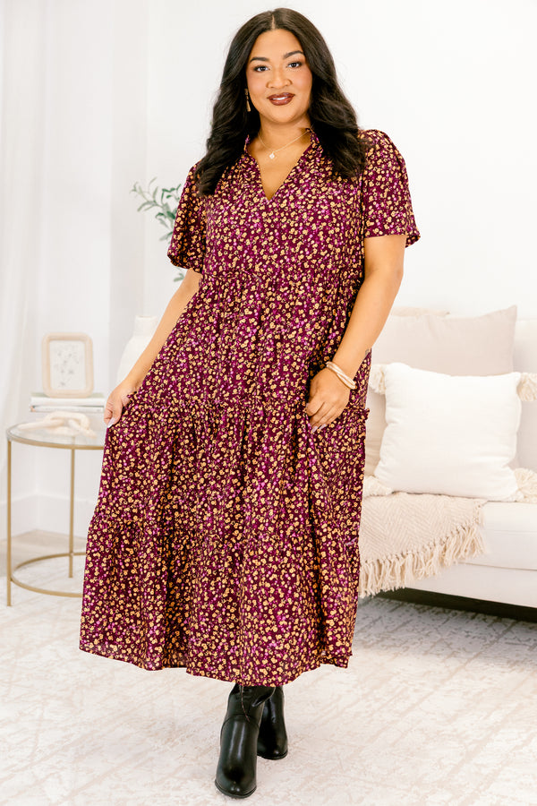 Chic Soul plus size clothing, plum purple and small floral pattern short sleeve midi dress with v-neckline and tiered skirt